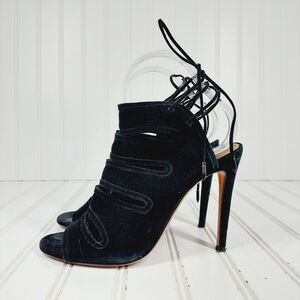 Aquazzura Firenze Slone Black Slit-Front Suede Peep Toe Lace Tie Sandals D63